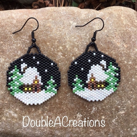 WINTER Cabin Beaded Earrings, New, Handmade by Me - Picture 1 of 8